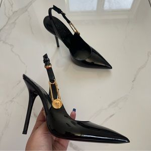 Versace Safety Pin Patent Leather Slingback Pumps size 37